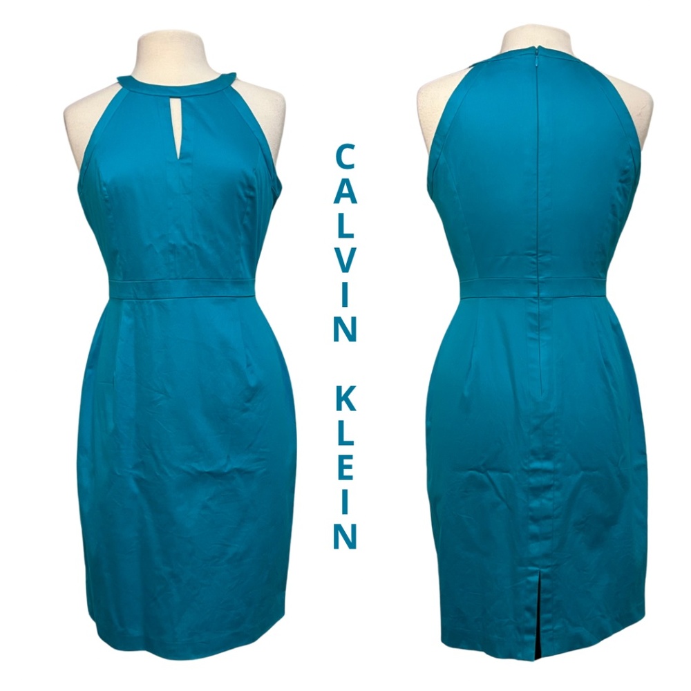 Calvin Klein Sz 6 Blue Teal Turquoise Halter Keyhole Professional Sheath Dress